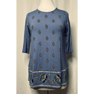 J. Jill Wearever Floral Vine Border Print Tunic Top Petite XS Williamsburg Blue